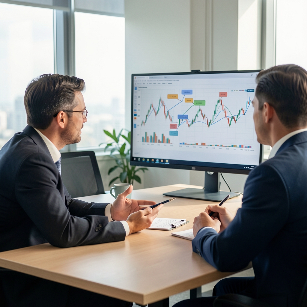 Диаграмма распределения активов в ETF-портфеле на экране планшета, инвестор изучает структуру фонда