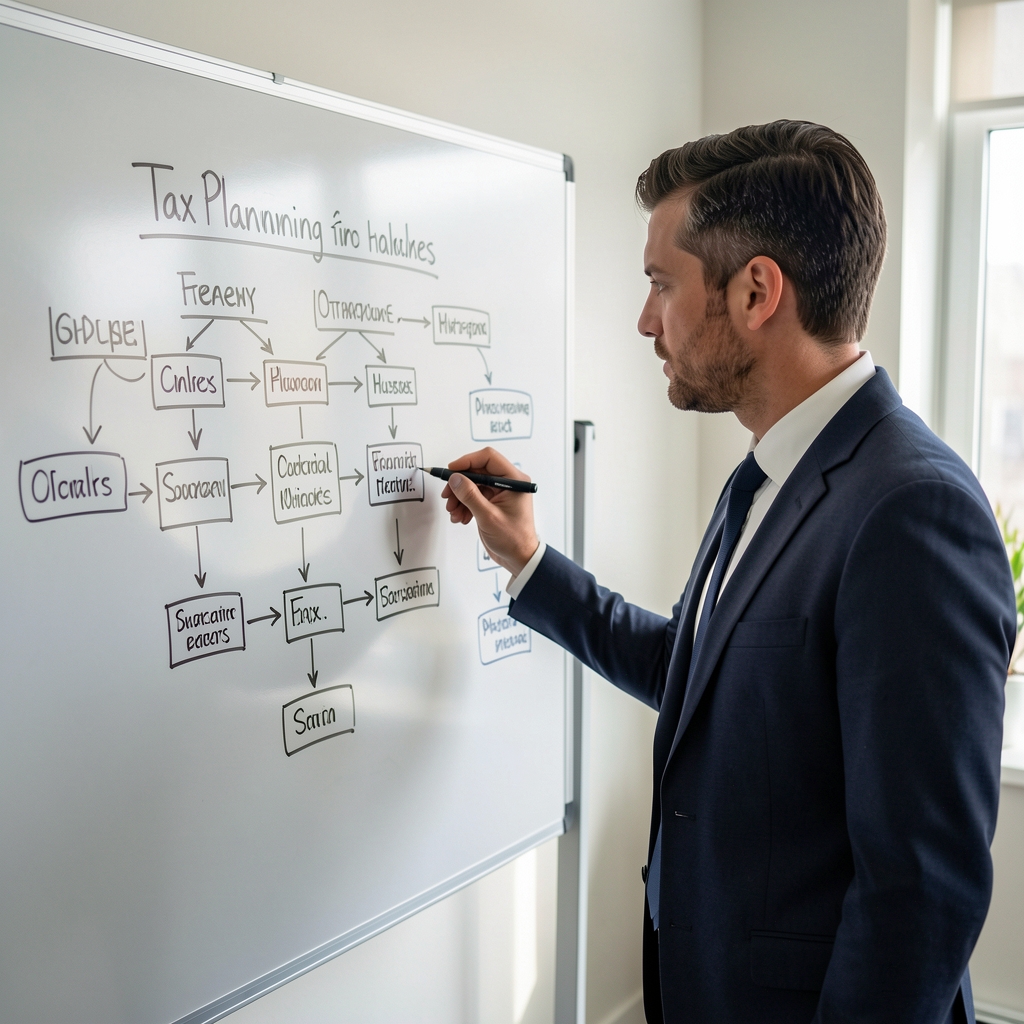 Аналитик рисует на доске схему оптимизации налогов — tax planning strategies для физических лиц в США