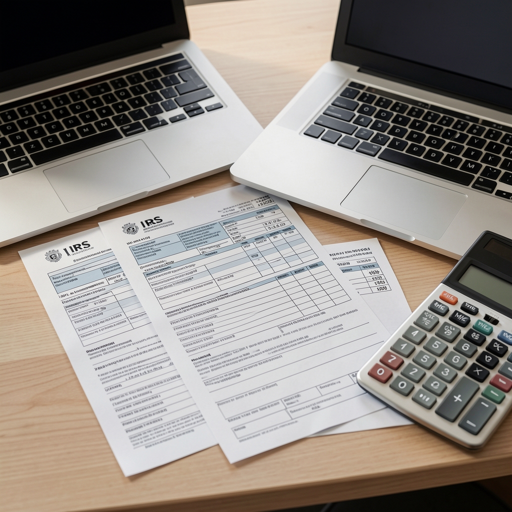 Налоговые документы IRS, формы W-2 и 1099 разложены на столе рядом с ноутбуком и калькулятором